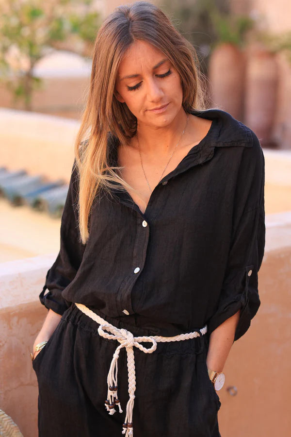 Black 3/4 length sleeve longline linen Button-Down Shirt