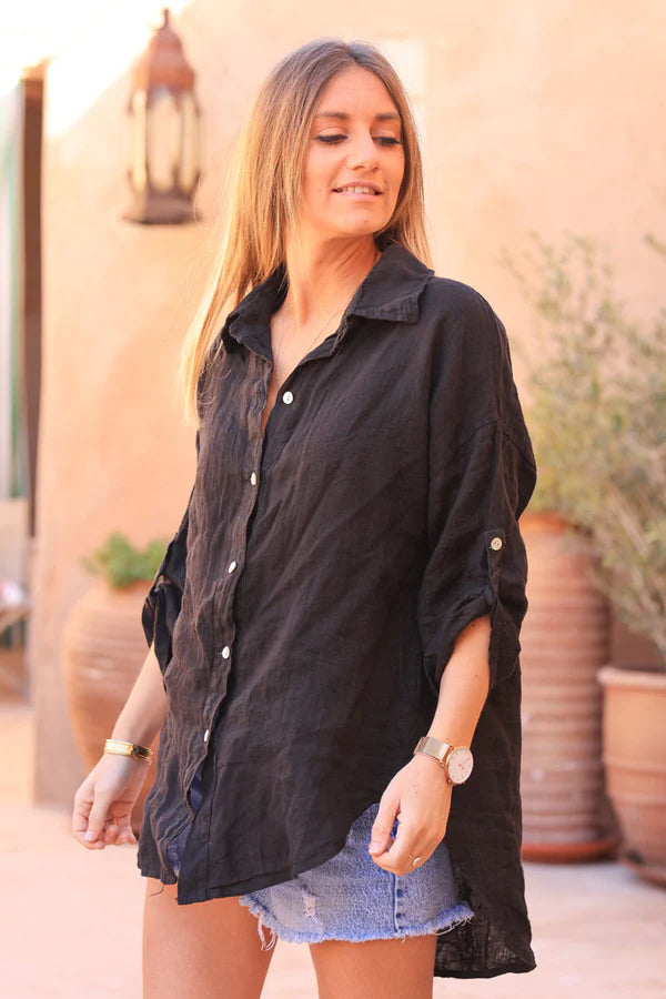 Black 3/4 length sleeve longline linen Button-Down Shirt
