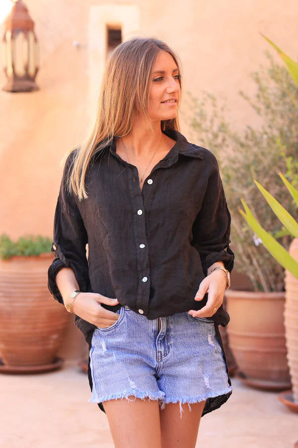 Black 3/4 length sleeve longline linen Button-Down Shirt
