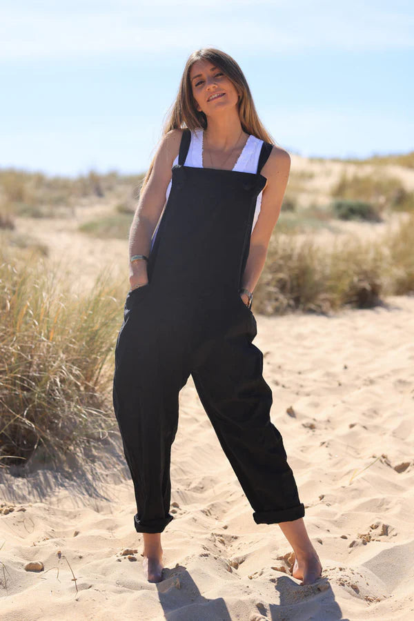 Black Cotton and Linen Flowing Overalls