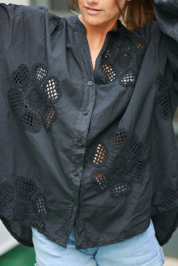 Black Cotton Crochet Floral Inset Blouse