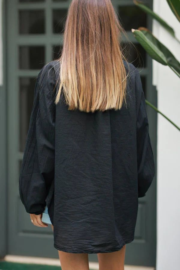 Black Cotton Crochet Floral Inset Blouse