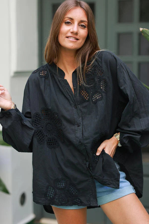 Black Cotton Crochet Floral Inset Blouse