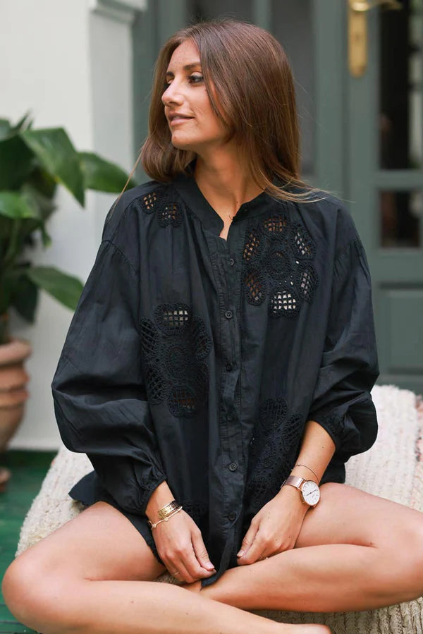 Black Cotton Crochet Floral Inset Blouse