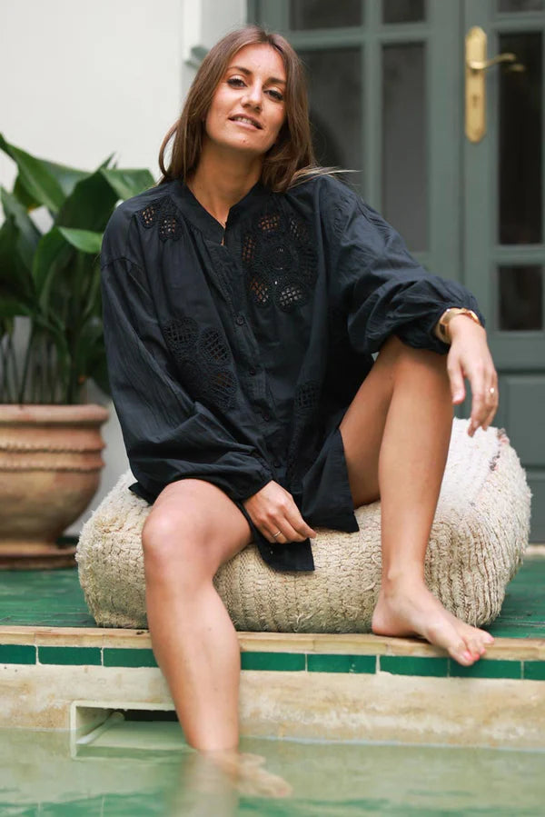 Black Cotton Crochet Floral Inset Blouse
