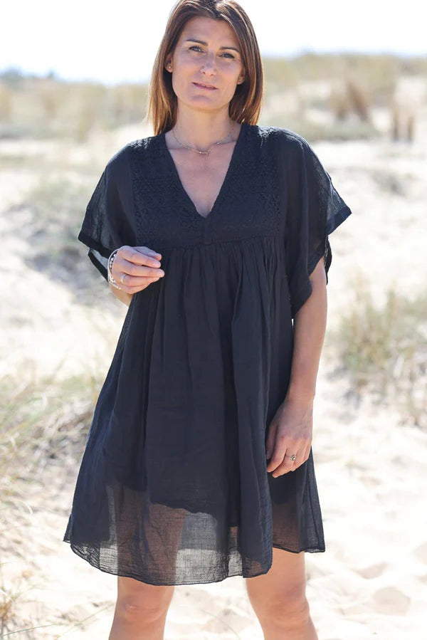 Black floaty cotton dress with lace detail