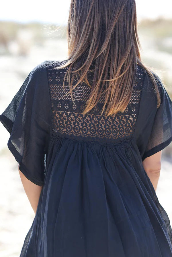 Black floaty cotton dress with lace detail