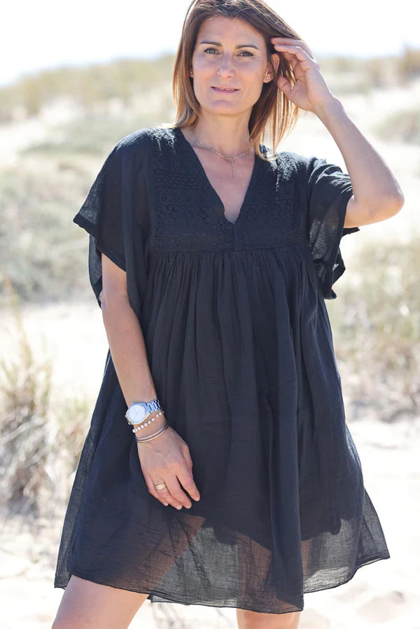Black floaty cotton dress with lace detail