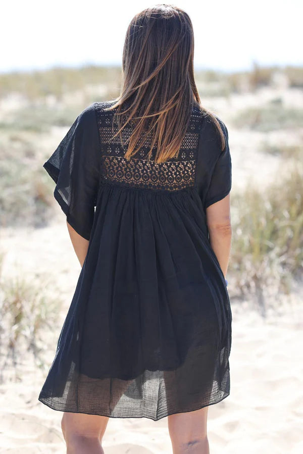 Black floaty cotton dress with lace detail