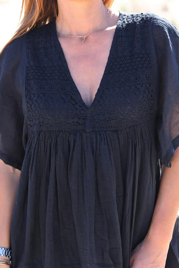 Black floaty cotton dress with lace detail