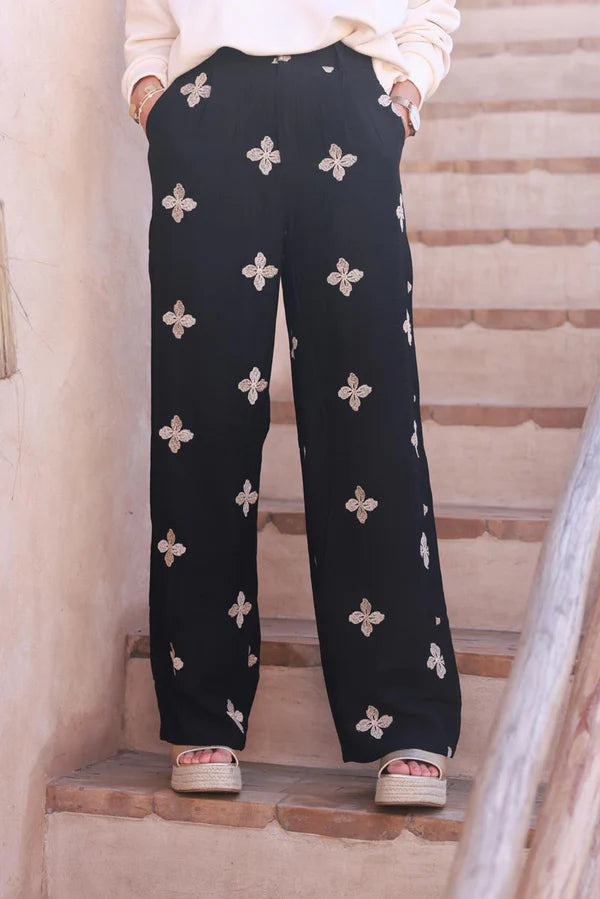 Black Embroidered Viscose Pull-On Pants