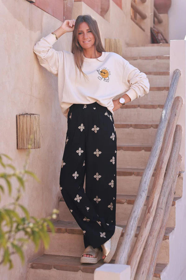 Black Embroidered Viscose Pull-On Pants