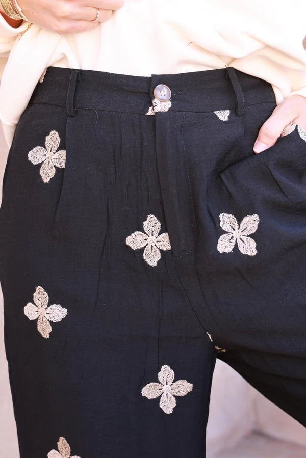 Black Embroidered Viscose Pull-On Pants