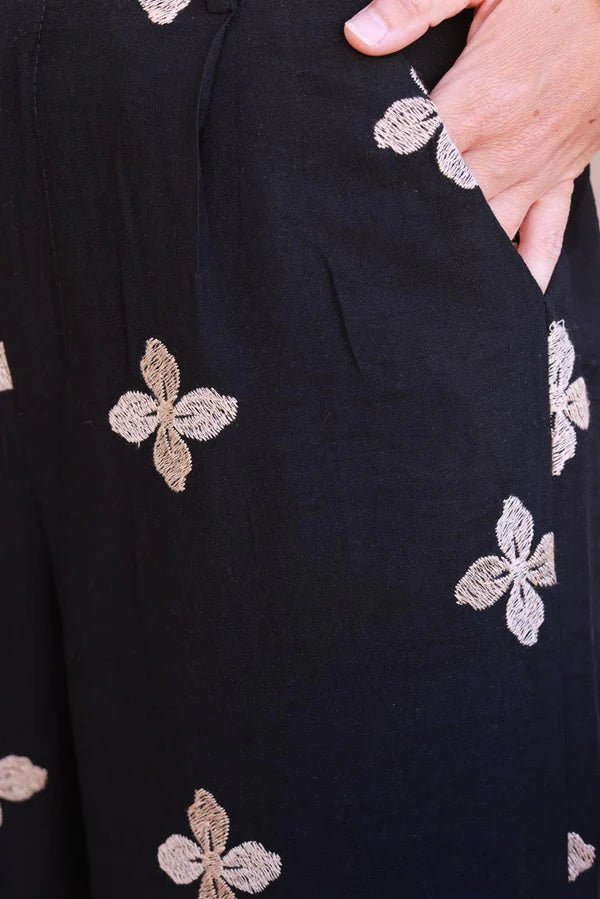 Black Embroidered Viscose Pull-On Pants