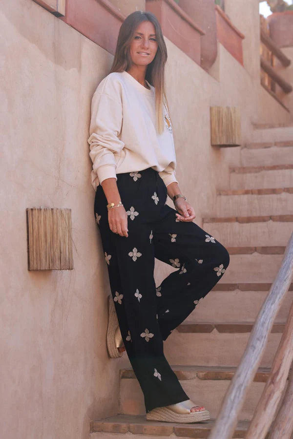 Black Embroidered Viscose Pull-On Pants