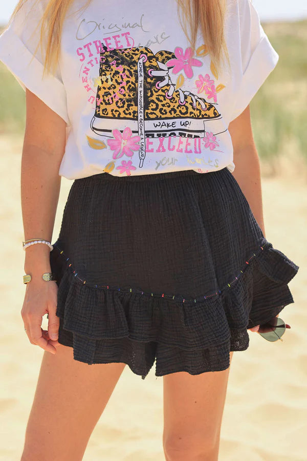 Black layered frill cotton skort with colored threads