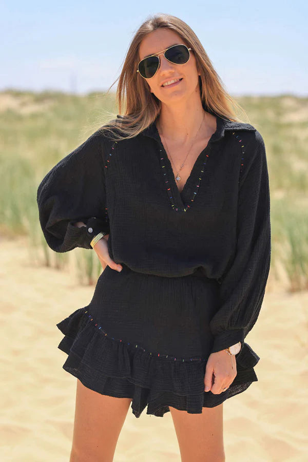 Black layered frill cotton skort with colored threads