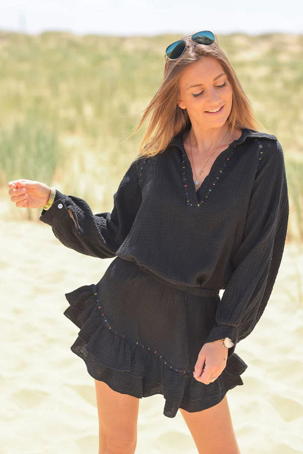 Black layered frill cotton skort with colored threads