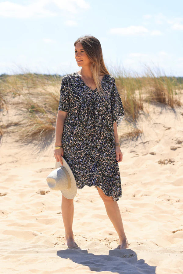 Model wearing Black Liberty Print Flowing Smock Dress