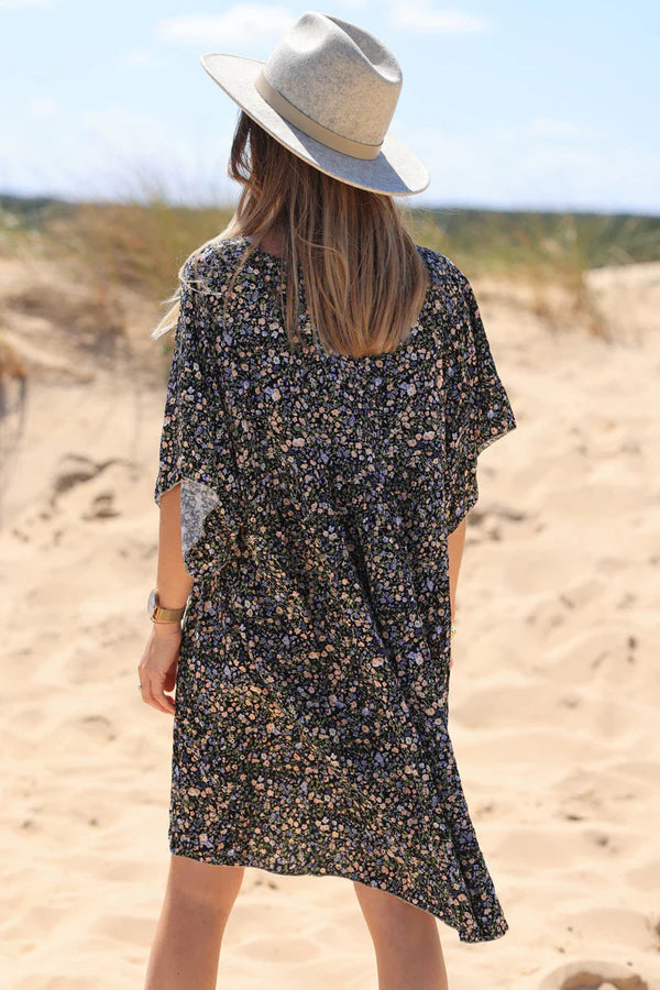Model wearing Black Liberty Print Flowing Smock Dress