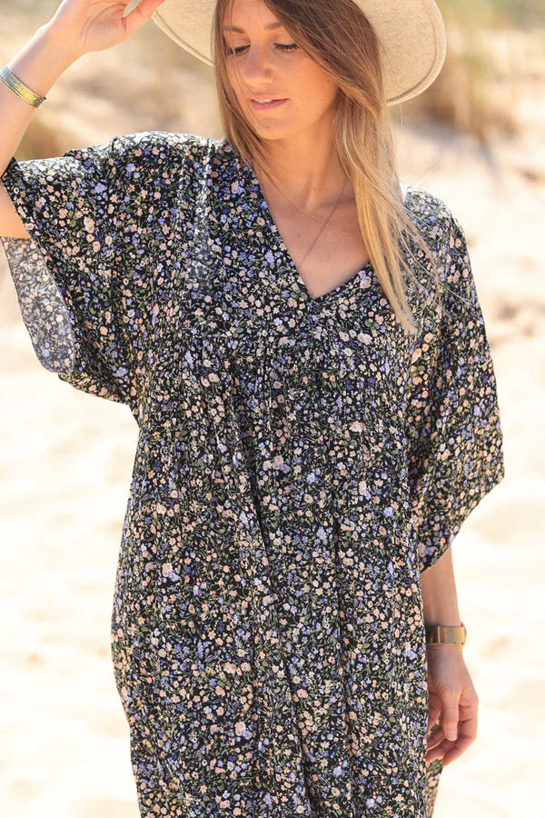 Model wearing Black Liberty Print Flowing Smock Dress