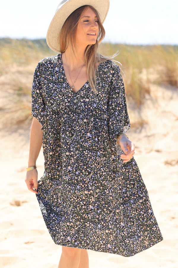 Model wearing Black Liberty Print Flowing Smock Dress