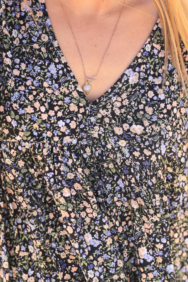 Model wearing Black Liberty Print Flowing Smock Dress