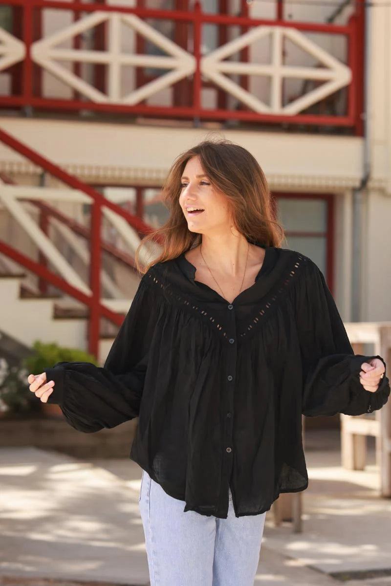 Black Pleated Cotton Prairie Blouse