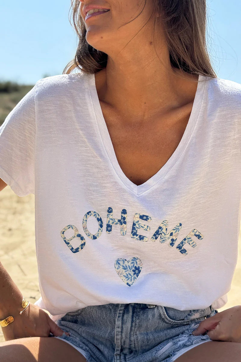 Blue Boho Heart Stretch V-Neck Tee
