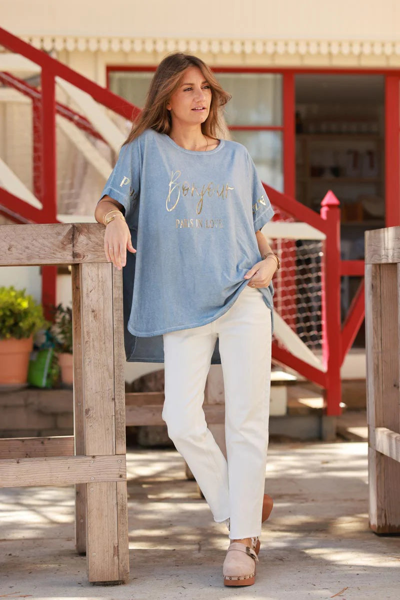 Blue “Bonjour” French Scoop Neck Tee