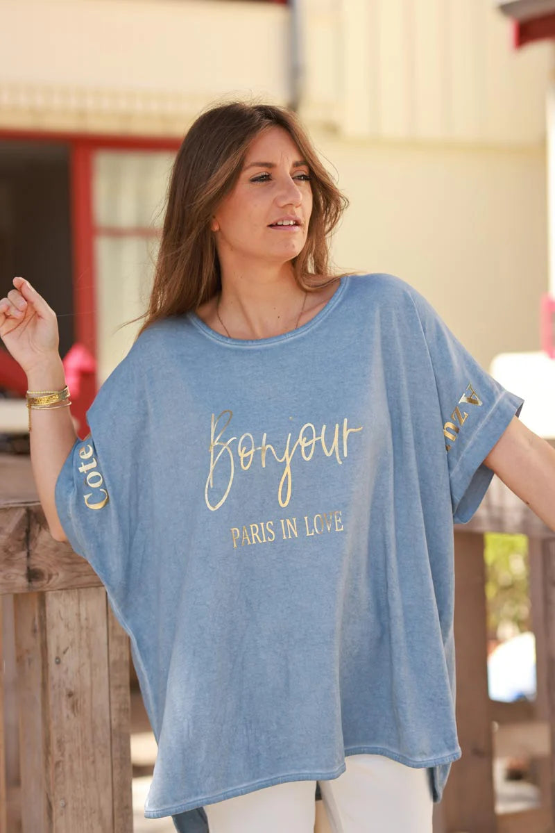 Blue “Bonjour” French Scoop Neck Tee