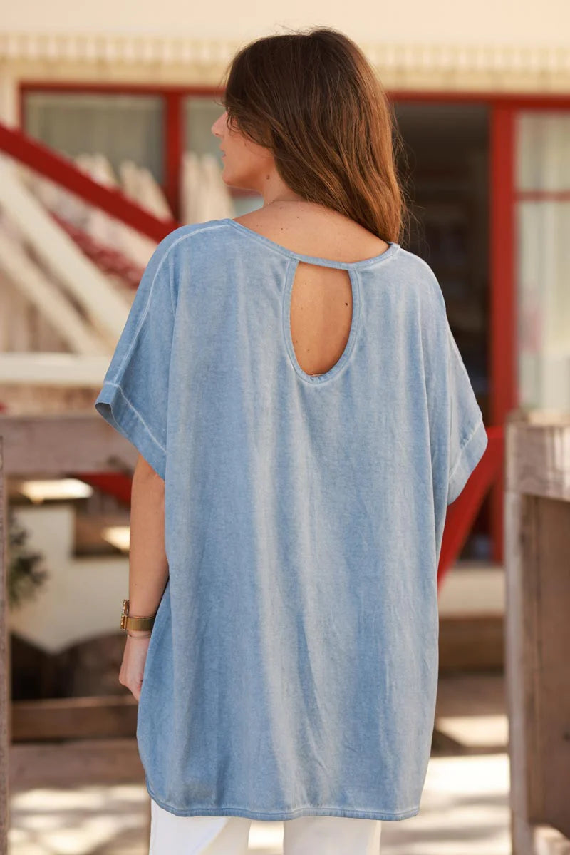Blue “Bonjour” French Scoop Neck Tee