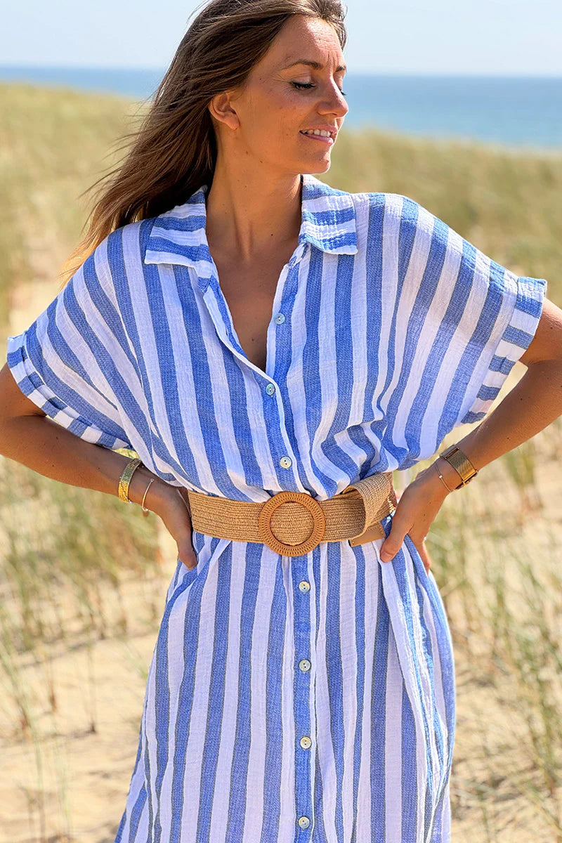 Blue Cabana Stripe Gauze Belted Shirt Dress