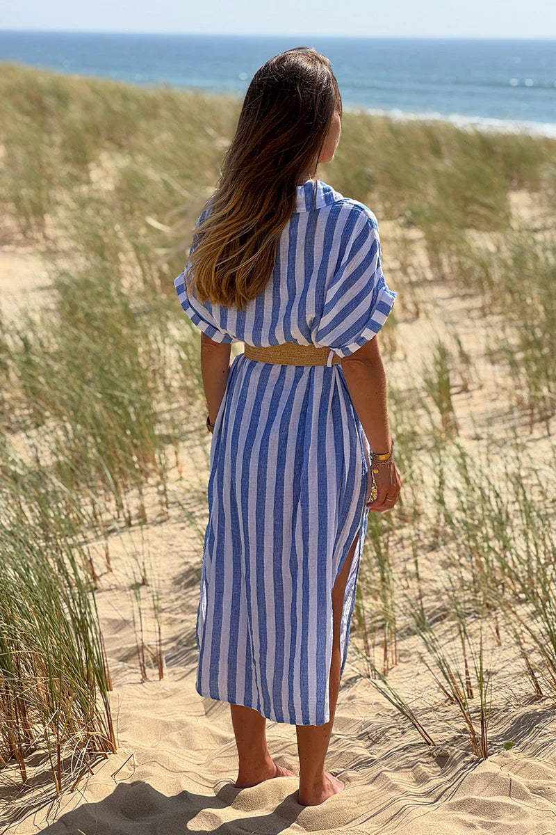 Blue Cabana Stripe Gauze Belted Shirt Dress