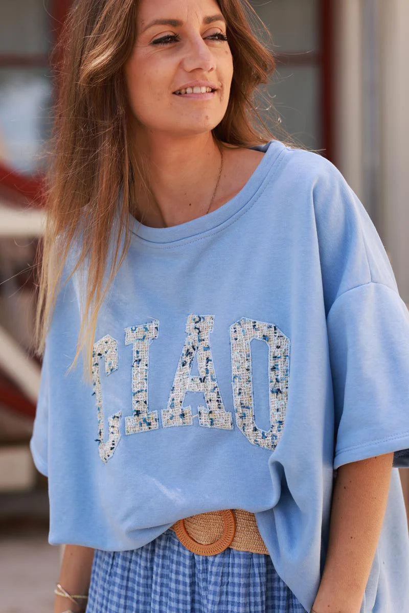 Blue “CIAO” Italian Knit Top