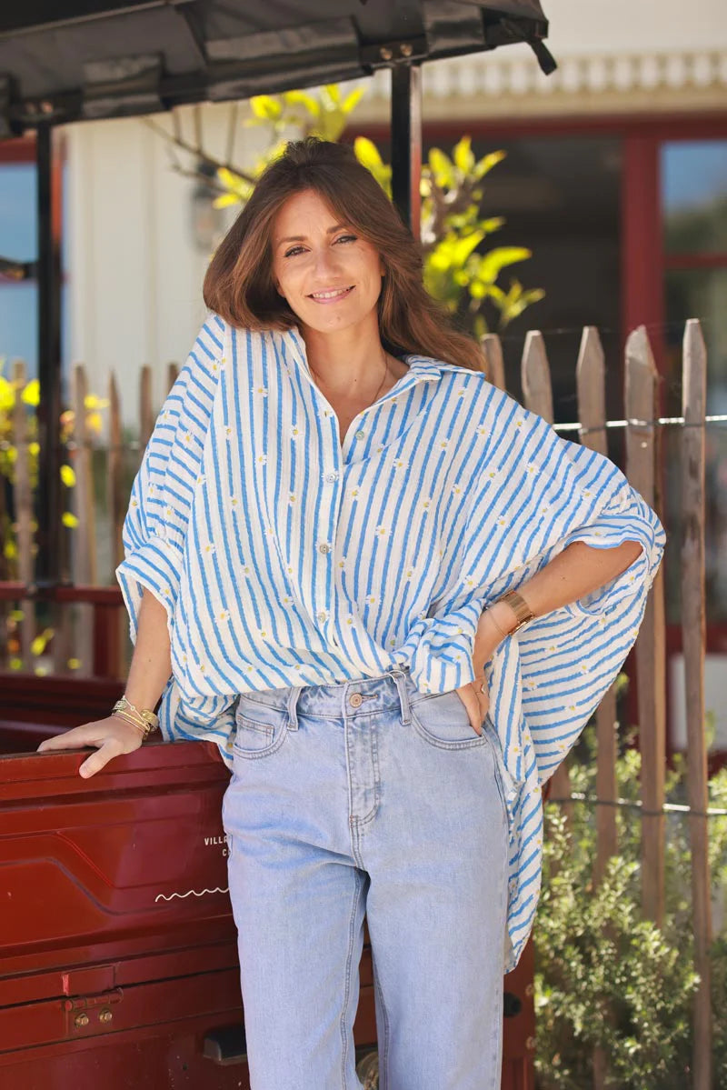 Blue Daisy Stripe Button Down Blouse