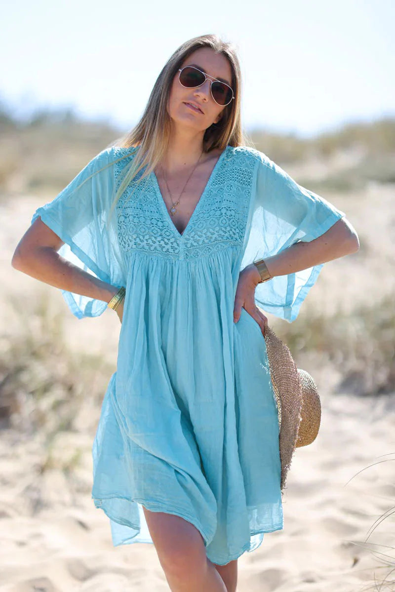 Blue Floaty Cotton Dress with Lace Top