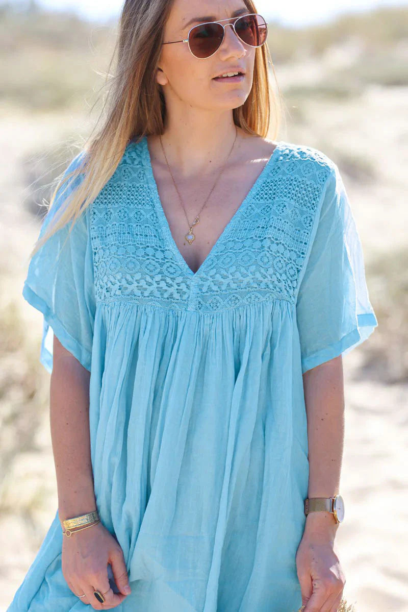 Blue Floaty Cotton Dress with Lace Top