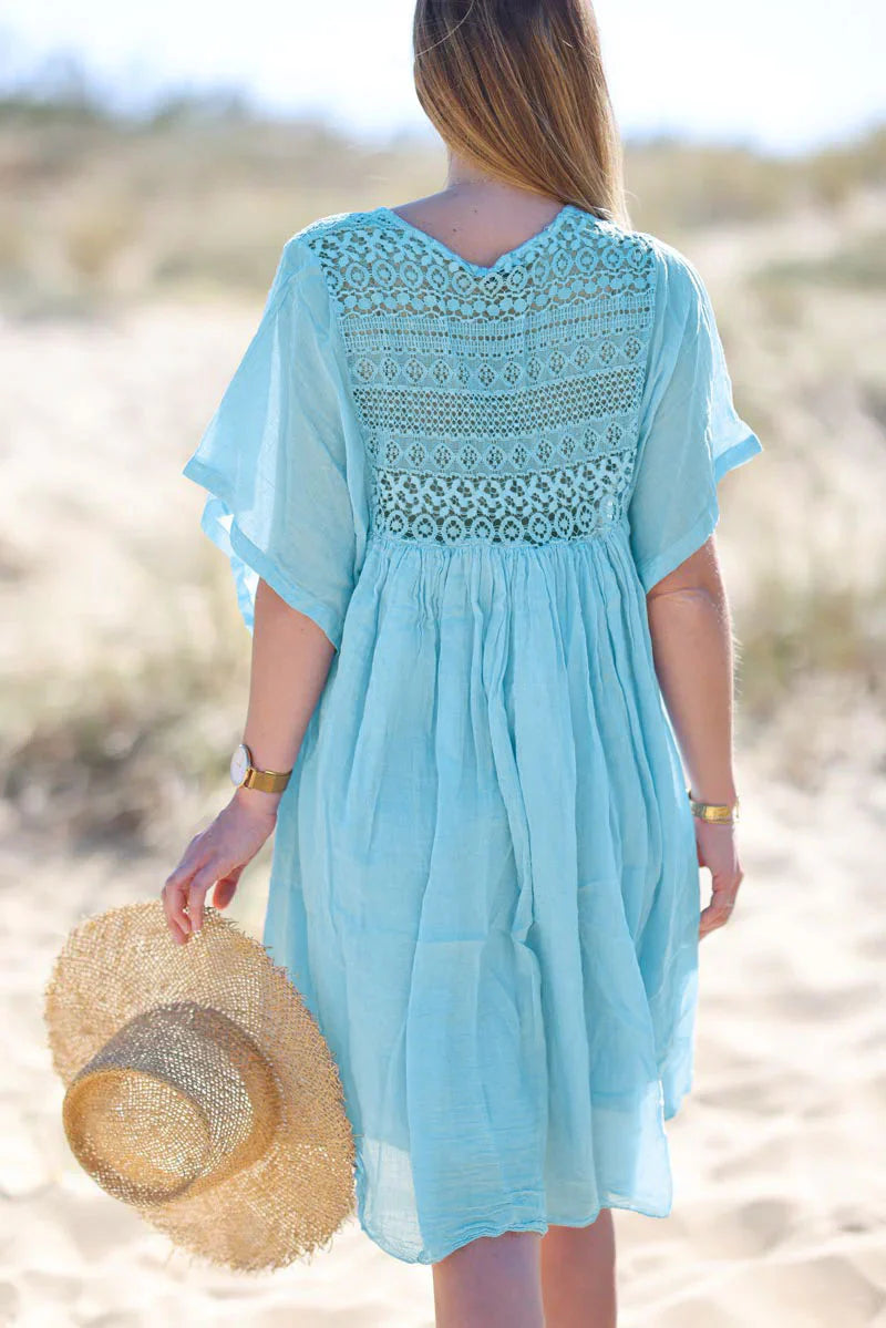 Blue Floaty Cotton Dress with Lace Top