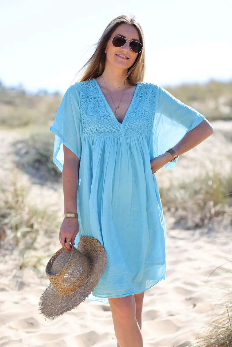 Blue Floaty Cotton Dress with Lace Top