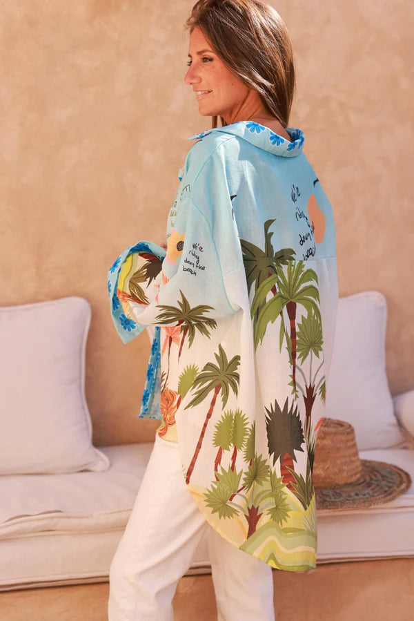 Blue Floral Tropical Escape Print Blouse