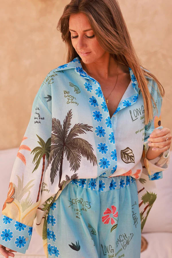 Blue Floral Tropical Escape Print Blouse