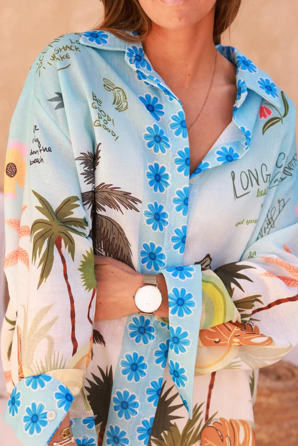Blue Floral Tropical Escape Print Blouse