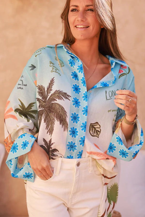 Blue Floral Tropical Escape Print Blouse