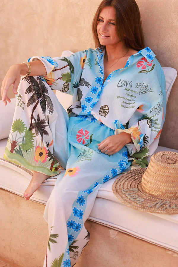 Blue Floral Tropical Escape Print Lounge Pants