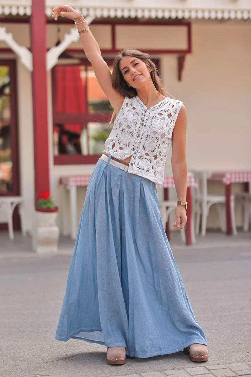 Blue Gauze Belted Ultra Wide-Leg Pants