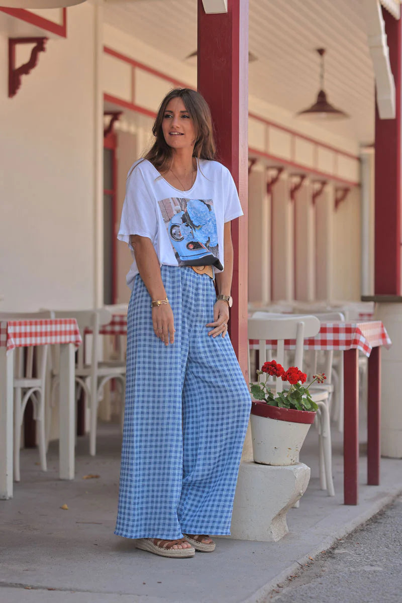 Blue Gingham Gauze Belted Pants