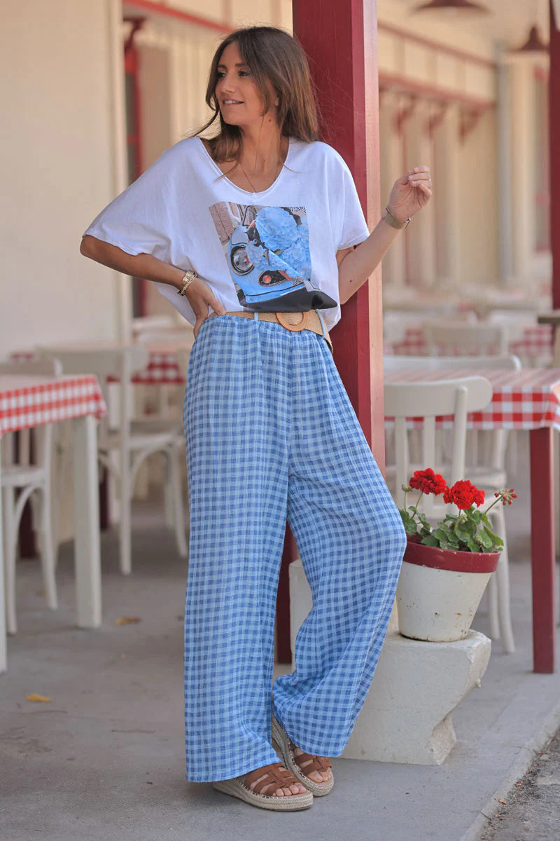 Blue Gingham Gauze Belted Pants