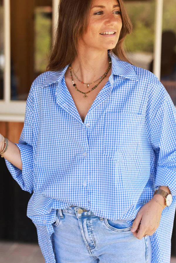Blue Gingham Slouchy Button-Down Blouse