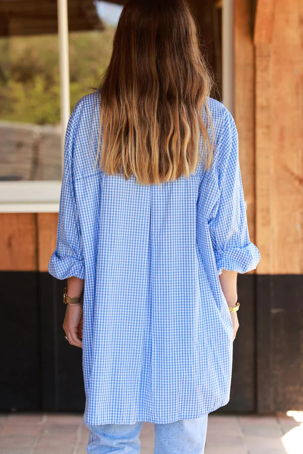 Blue Gingham Slouchy Button-Down Blouse
